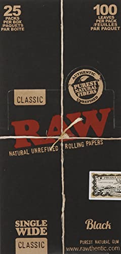 RAW Black Classic Natural Unrefined Rolling Papers - Ultra Thin - 70mm Single Wide - (25)