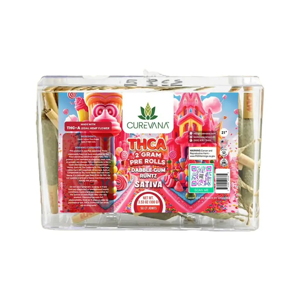 CUREVANA EXOTIC THC-A PRE ROLLS, 50CT (SATIVA) DABBLE GUM RUNTZ