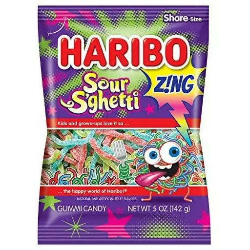 Haribo Gummy Bag Z!ng Sour S'Ghetti 12ct, 5 oz